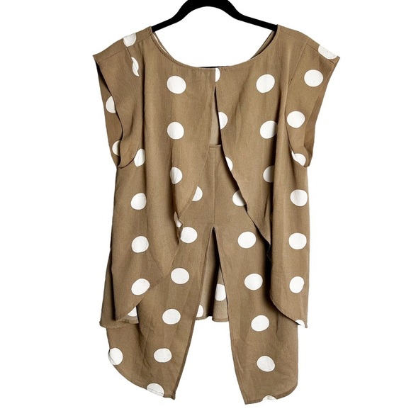 Sweet Rain - Beige & White Polka Dot Casual Keyhole Layered Back‎ Blouse - Sz. L - Picture 2 of 7